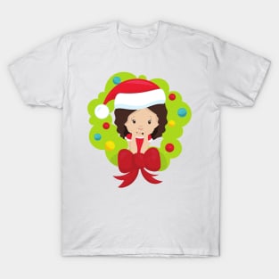 Christmas Girl, Brown Hair, Christmas Wreath T-Shirt